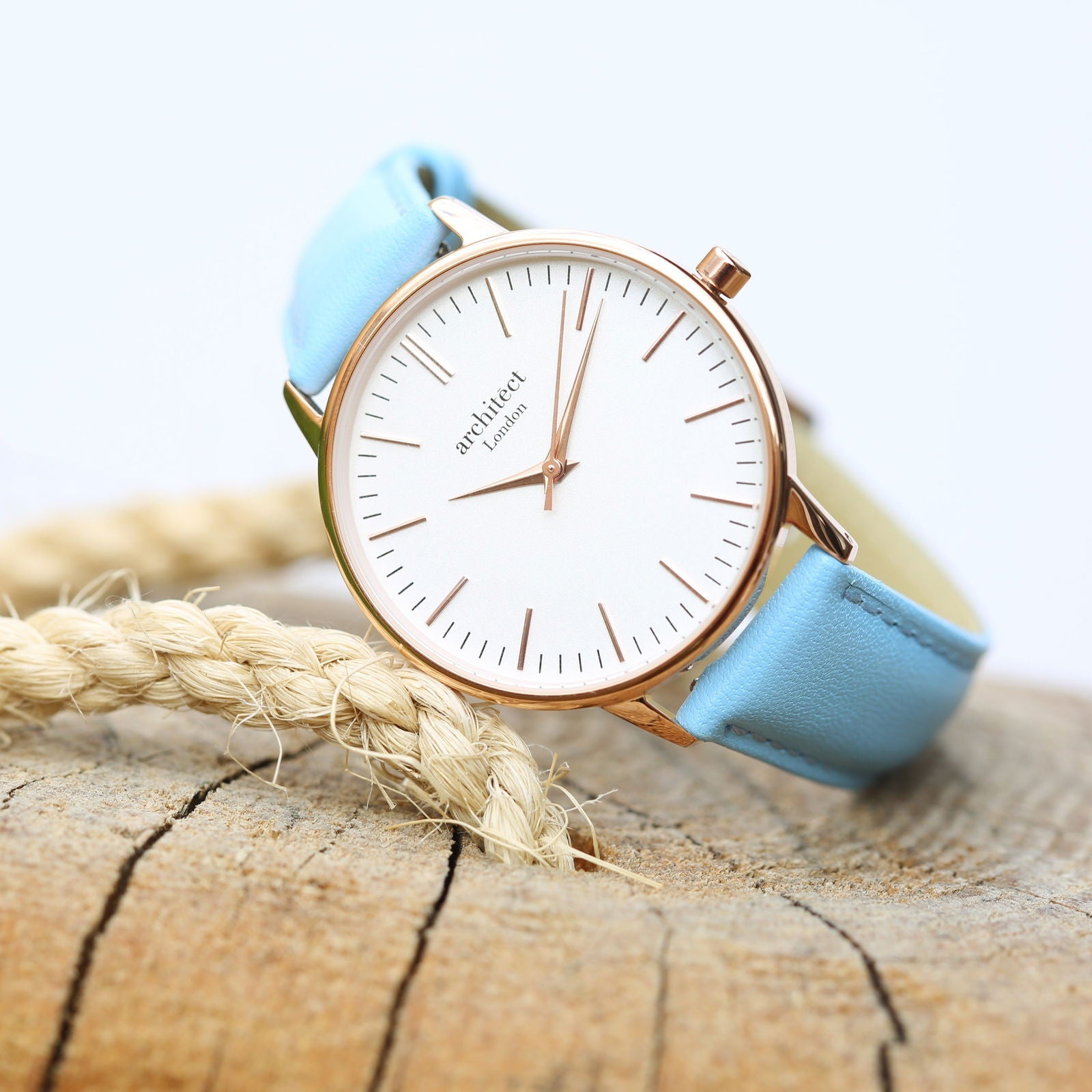 Ladies Minimalist Handwriting Engraved Watch – Light Blue Strap  Ladies' Watches Deeply Engraved
