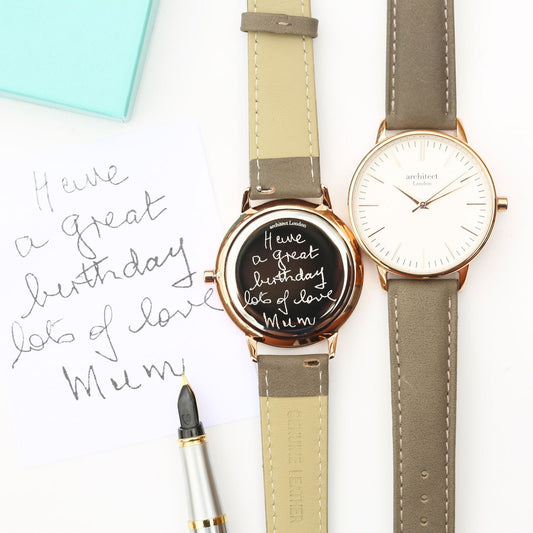 Ladies Minimalist Handwriting Personalized Watch – Grey Strap  Ladies' Watches Deeply Engraved