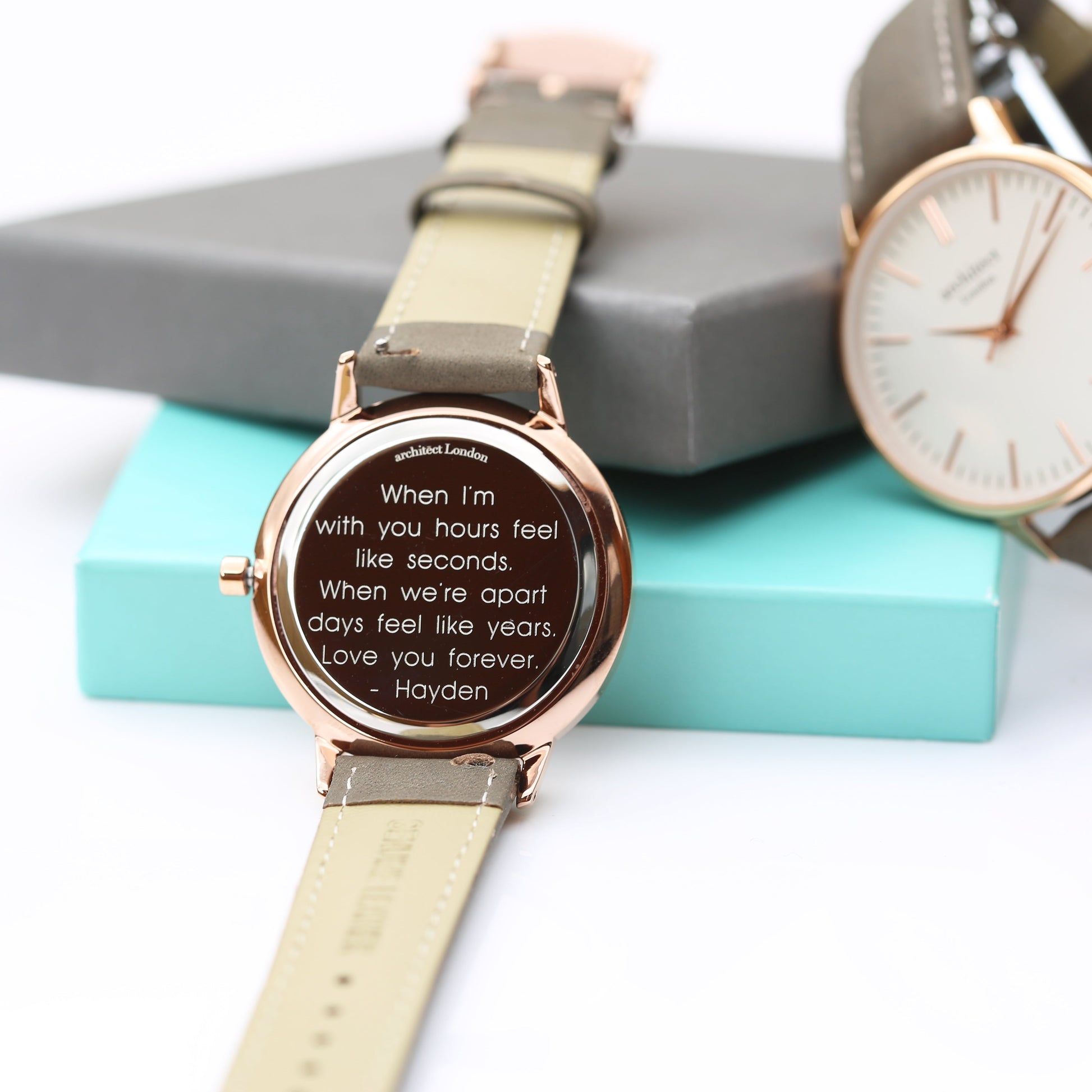 Ladies Minimalist Personalized Watch – Light Grey  Ladies' Watches Deeply Engraved