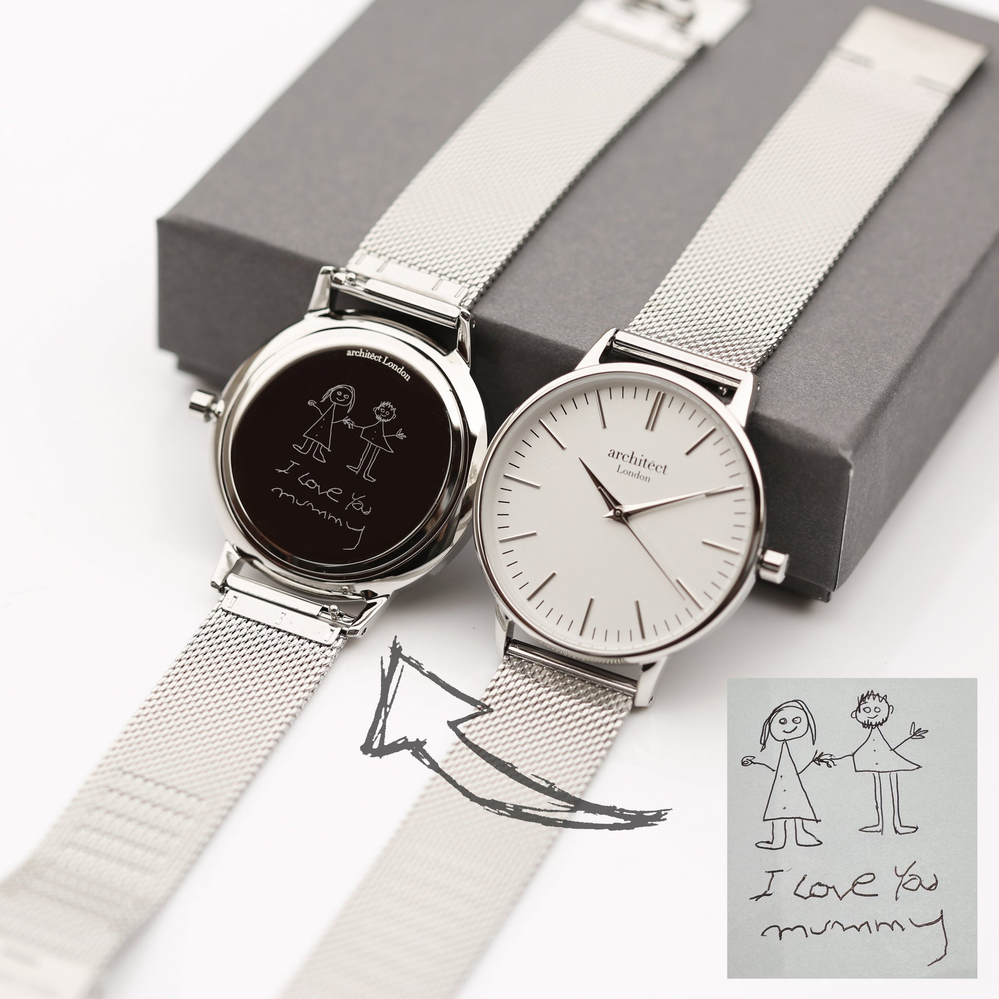 Ladies Minimalist Silver Mesh Watch – Handwriting Engraved  Ladies' Watches Deeply Engraved