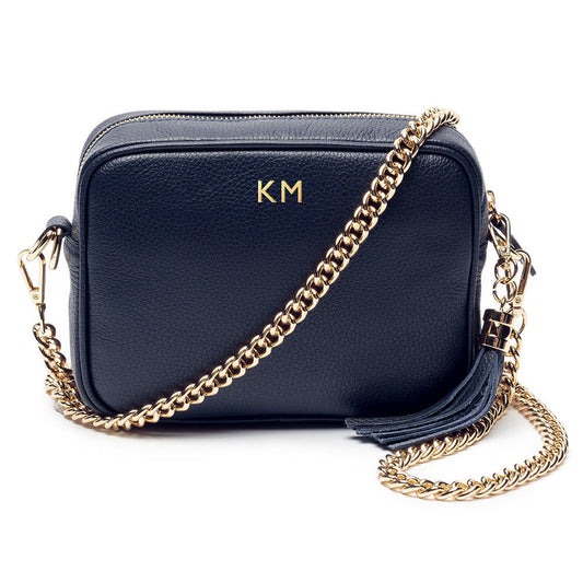 Ladies Personalized Leather Crossbody Bag – Navy  Leather Bags Deeply Engraved