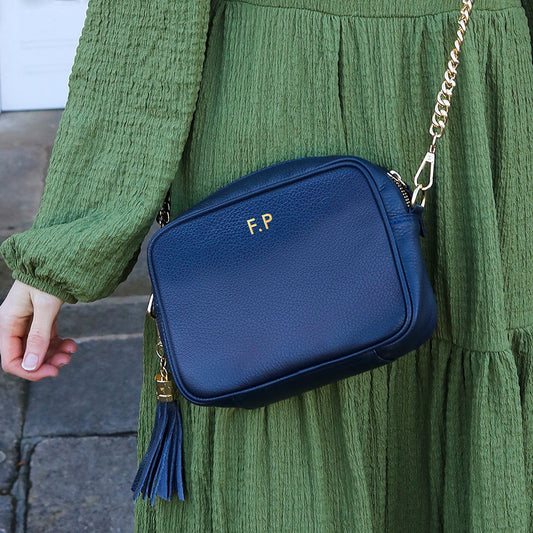 Ladies Personalized Leather Crossbody Bag – Navy  Leather Bags Deeply Engraved