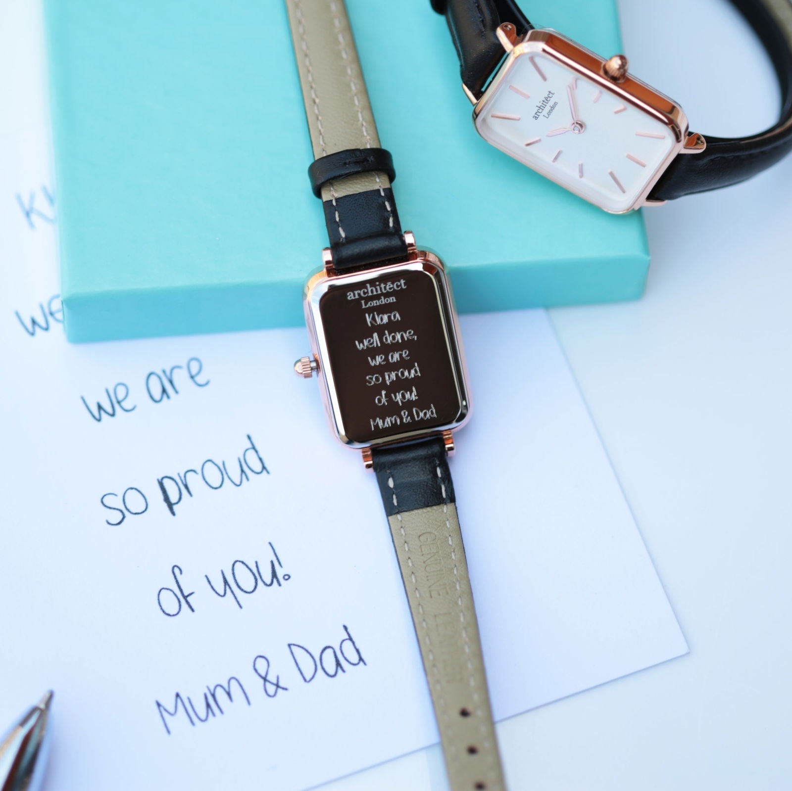 Ladies Handwriting Engraved Black Leather Watch - White Dial