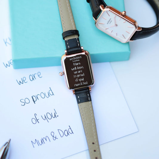 Ladies Handwriting Engraved Black Leather Watch - White Dial