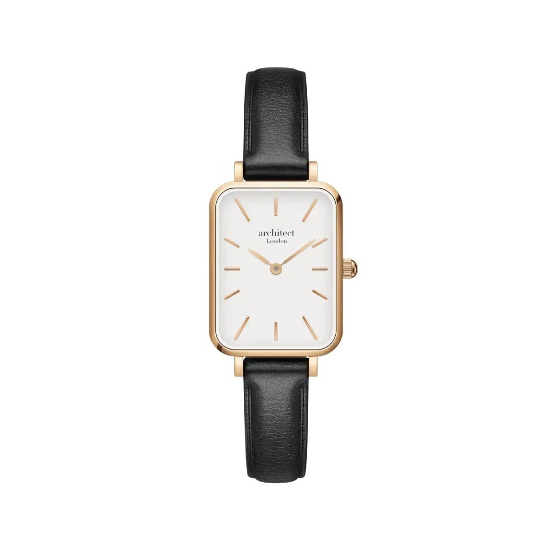 Ladies Handwriting Engraved Black Leather Watch - White Dial