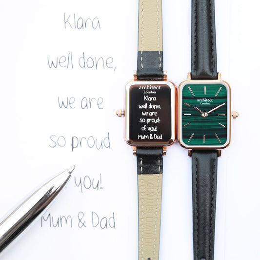 Ladies Handwriting Engraved Leather Watch | Pine Green Dial