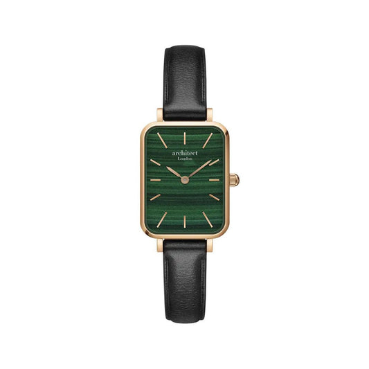 Ladies Petite Engraved Black Leather Watch - Green Dial