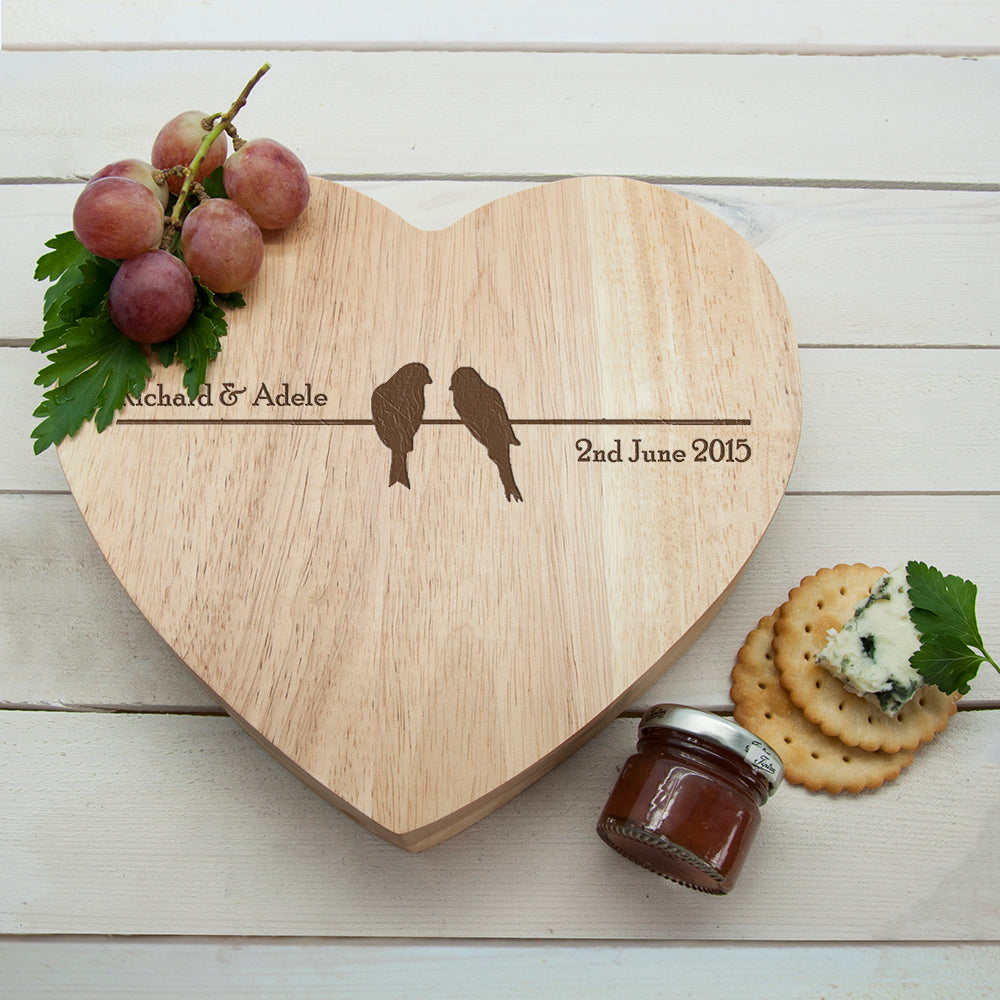 Personalised Love Birds Romantic Heart Cheese Board - Lovesakes