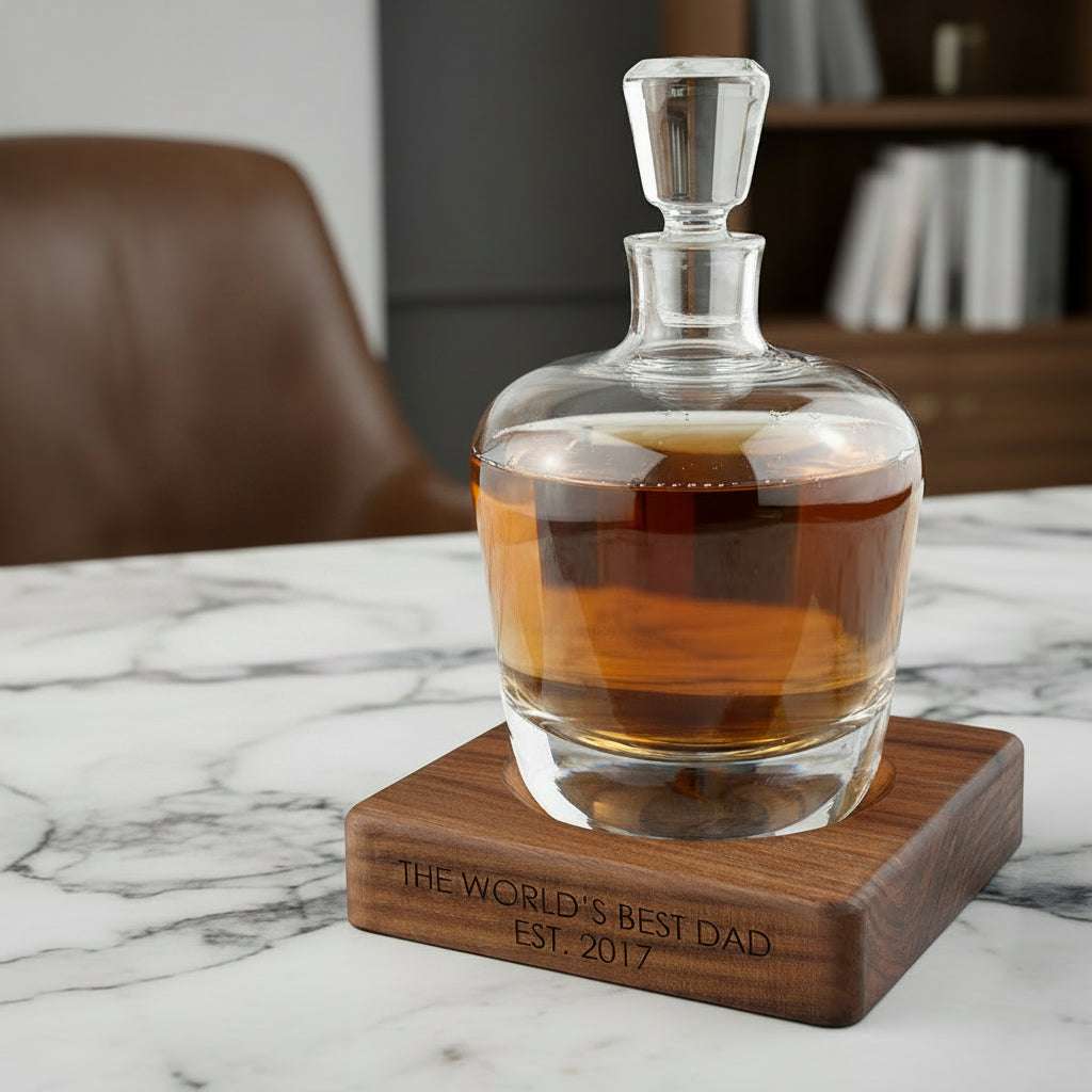 LSA Whiskey Decanter & Engraved Walnut Base  LSA Glassware Deeply Engraved