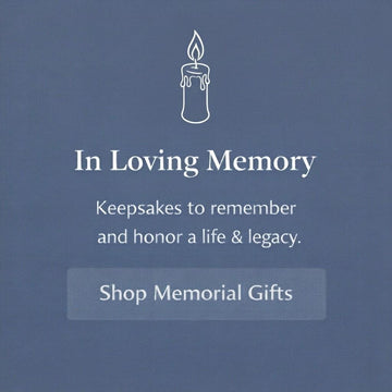 Promotional text for memorial gifts with a candle icon on a blue background
