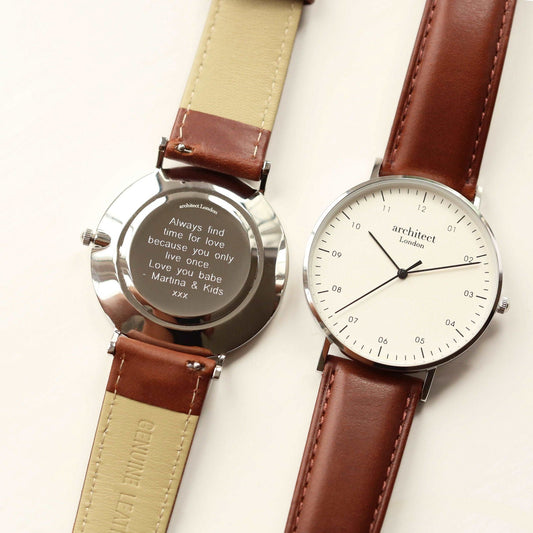 Men's Minimalist Leather Personalized Watch - Walnut  Men's Watches Deeply Engraved