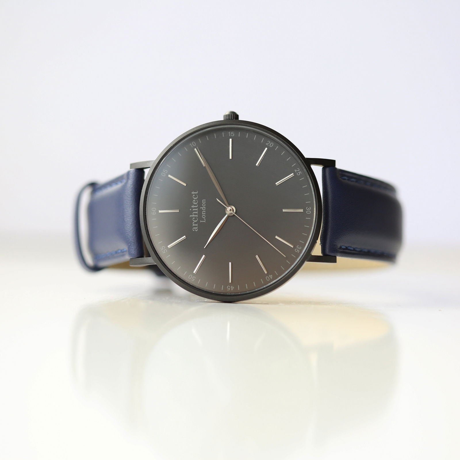 Men's Minimalist Personalized Watch -  Blue Strap - Black Dial  Men's Watches Deeply Engraved