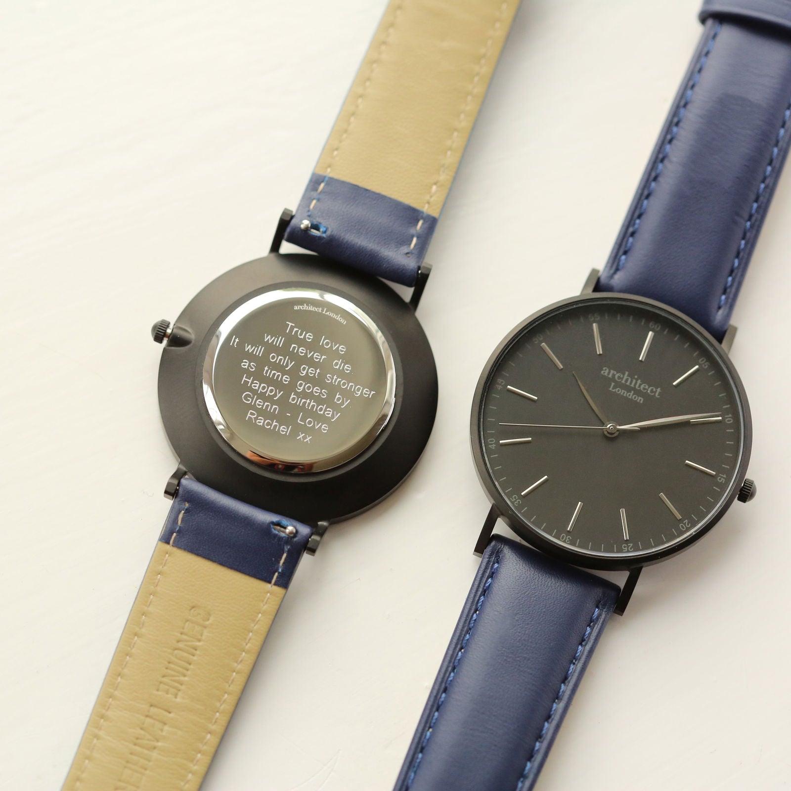 Men's Minimalist Personalized Watch -  Blue Strap - Black Dial  Men's Watches Deeply Engraved