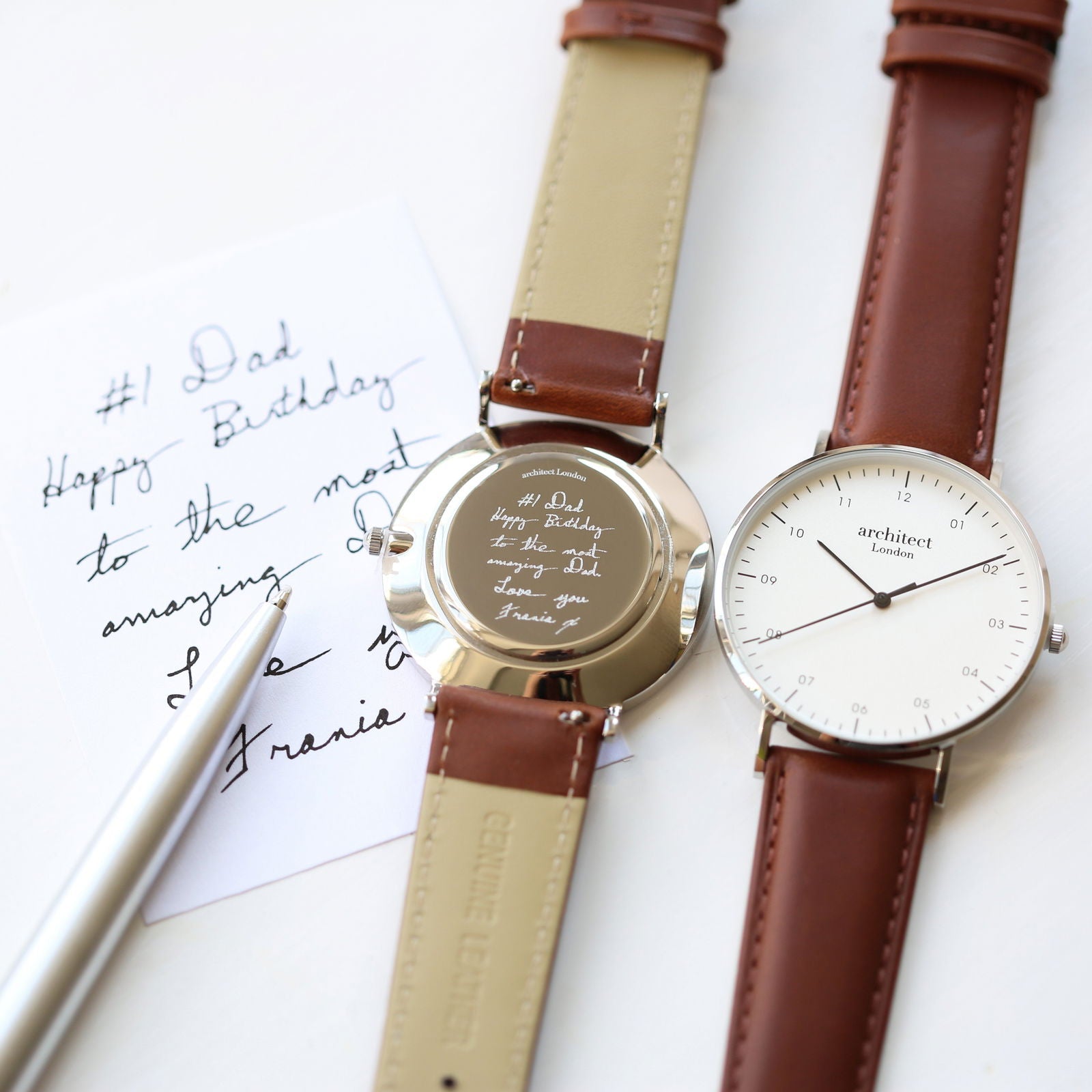 Men's Minmalist Handwriting Engraved Leather Watch - Walnut  Men's Watches Deeply Engraved