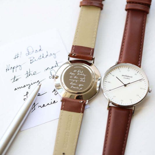 Men's Minmalist Handwriting Engraved Leather Watch - Walnut  Men's Watches Deeply Engraved