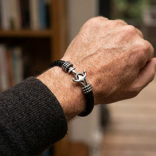 Personalized Men’s Woven Leather Anchor Bracelet