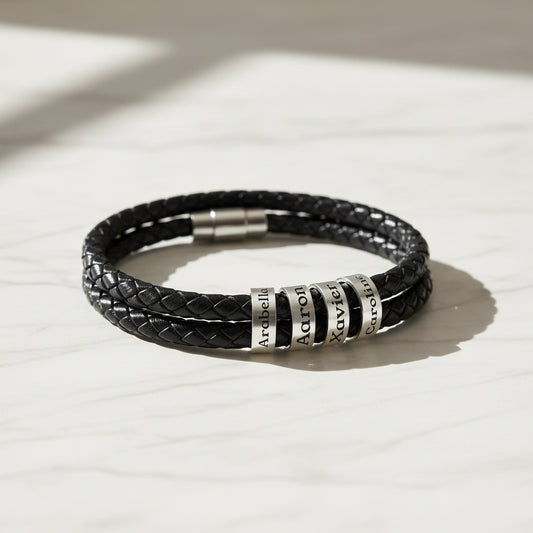 Men's Black Braided Leather Bracelet with Engraved Silver Beads