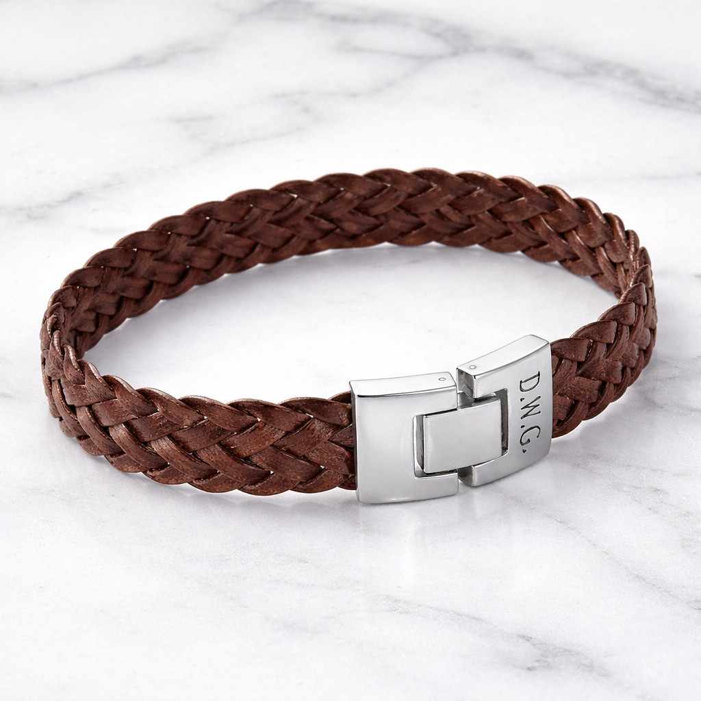 Brown braided leather bracelet with a custom-engraved-silver clasp on a marble surface