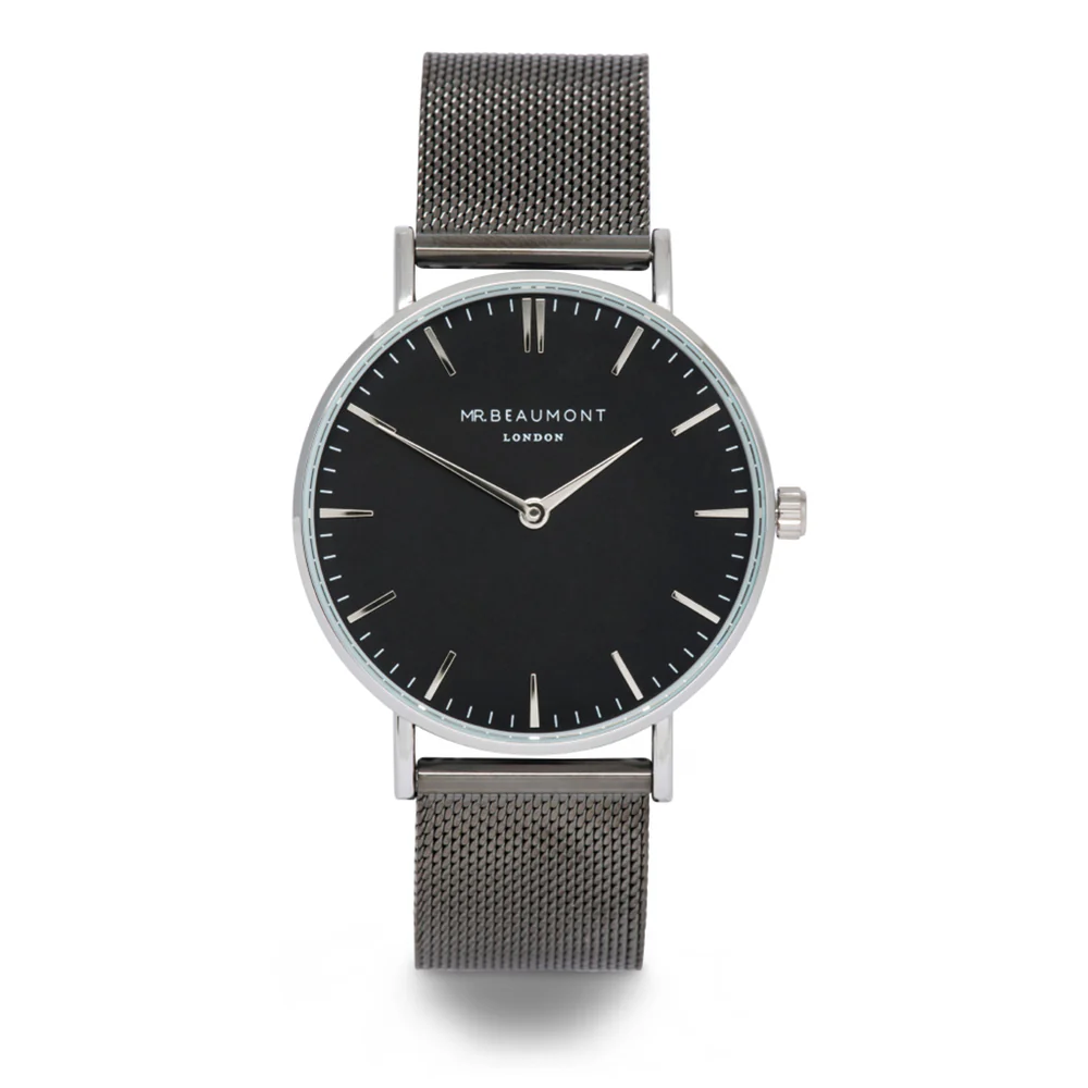 Men's Minimalist Engraved Watch in Gray Mesh Black Dial (Mr. Beaumont)