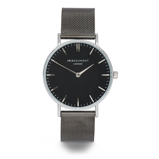 Men's Minimalist Engraved Watch in Gray Mesh Black Dial (Mr. Beaumont)