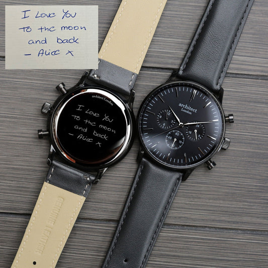 Midnight Heritage Handwriting Engraved Leather Watch – Black  Men's Watches Deeply Engraved