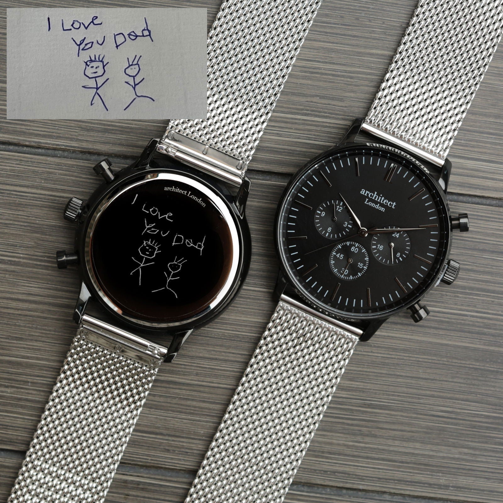 Midnight Signature – Handwriting Engraved Watch (Black Dial, Silver Mesh)  Men's Watches Deeply Engraved