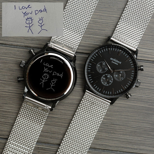 Midnight Signature – Handwriting Engraved Watch (Black Dial, Silver Mesh)  Men's Watches Deeply Engraved