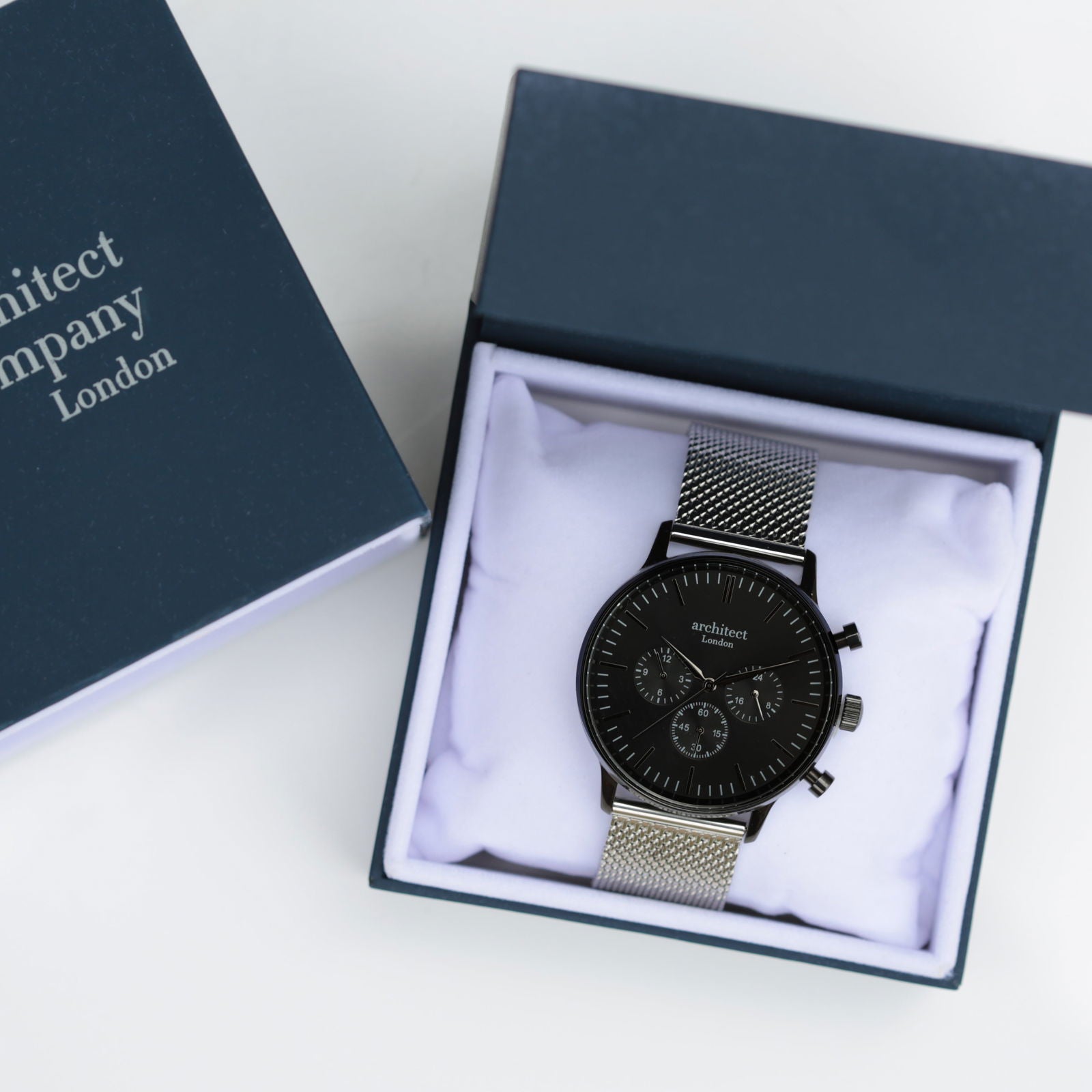 Midnight Signature – Handwriting Engraved Watch (Black Dial, Silver Mesh)  Men's Watches Deeply Engraved