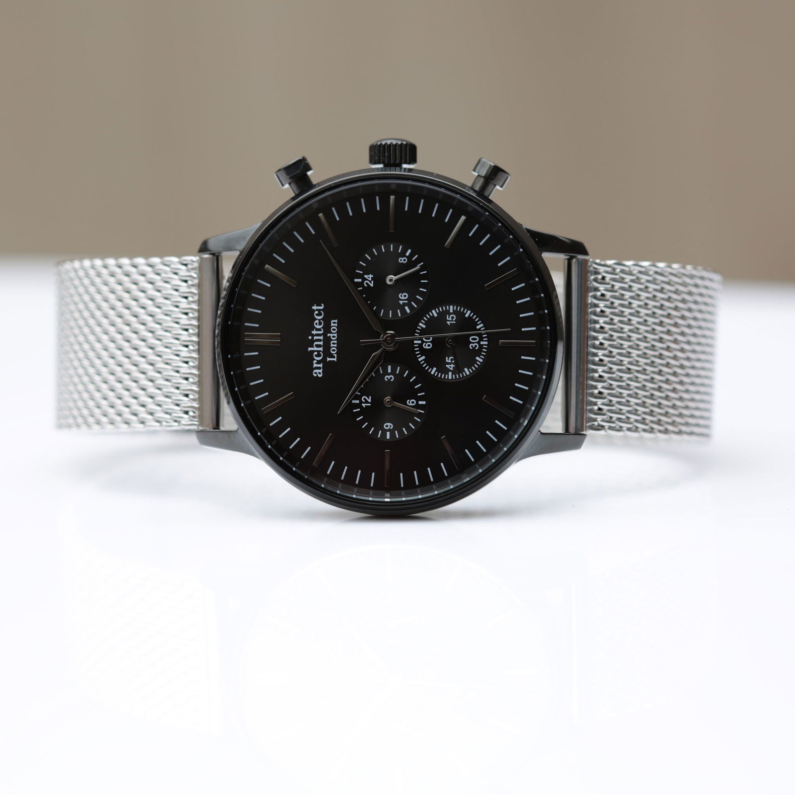 Midnight Signature – Personalized Watch for Men (Black Dial, Silver Mesh)  Men's Watches Deeply Engraved
