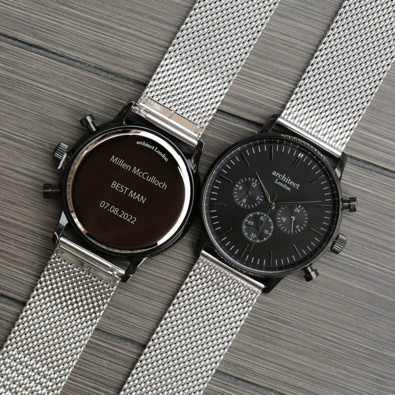 Midnight Signature – Personalized Watch for Men (Black Dial, Silver Mesh)  Men's Watches Deeply Engraved