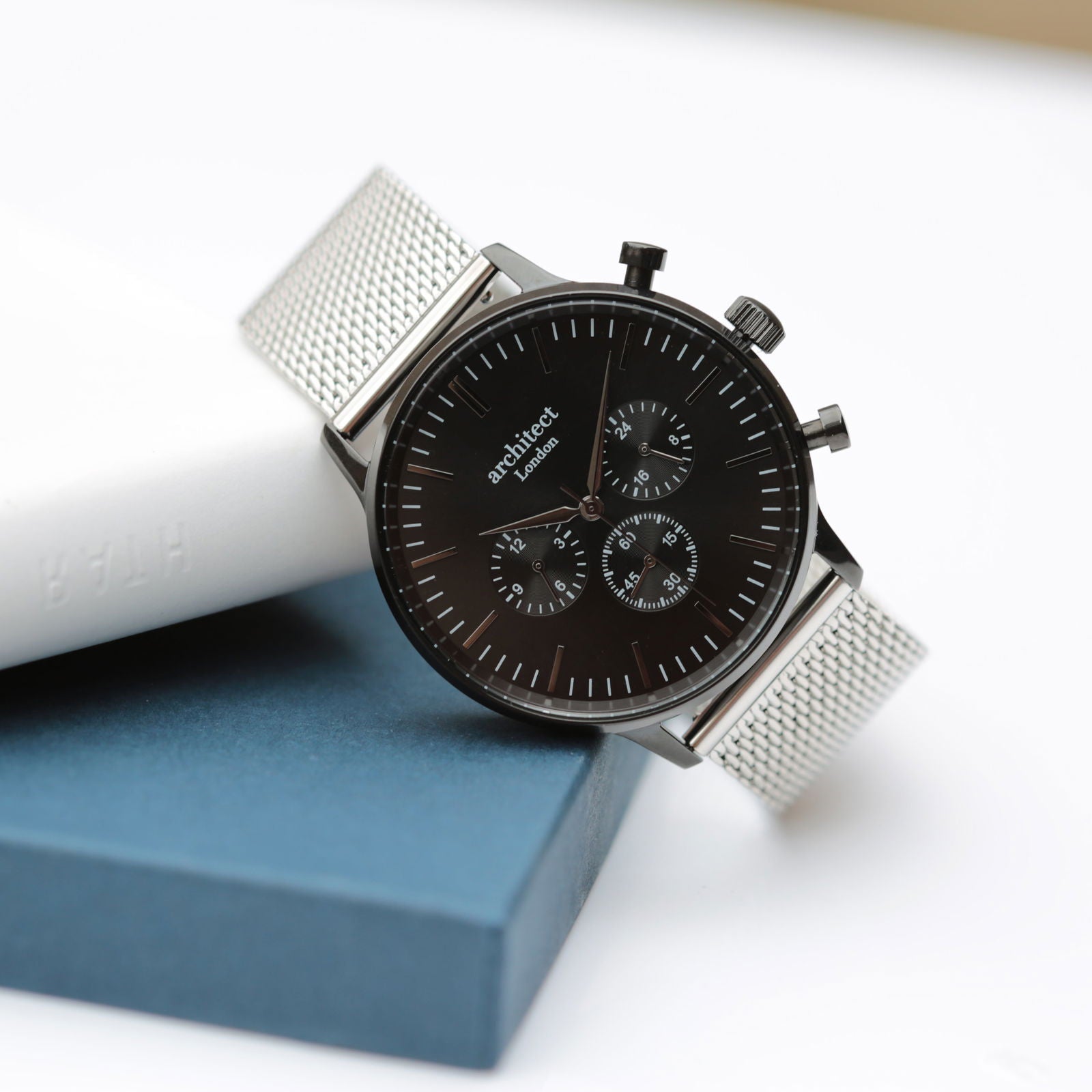 Midnight Signature – Personalized Watch for Men (Black Dial, Silver Mesh)  Men's Watches Deeply Engraved