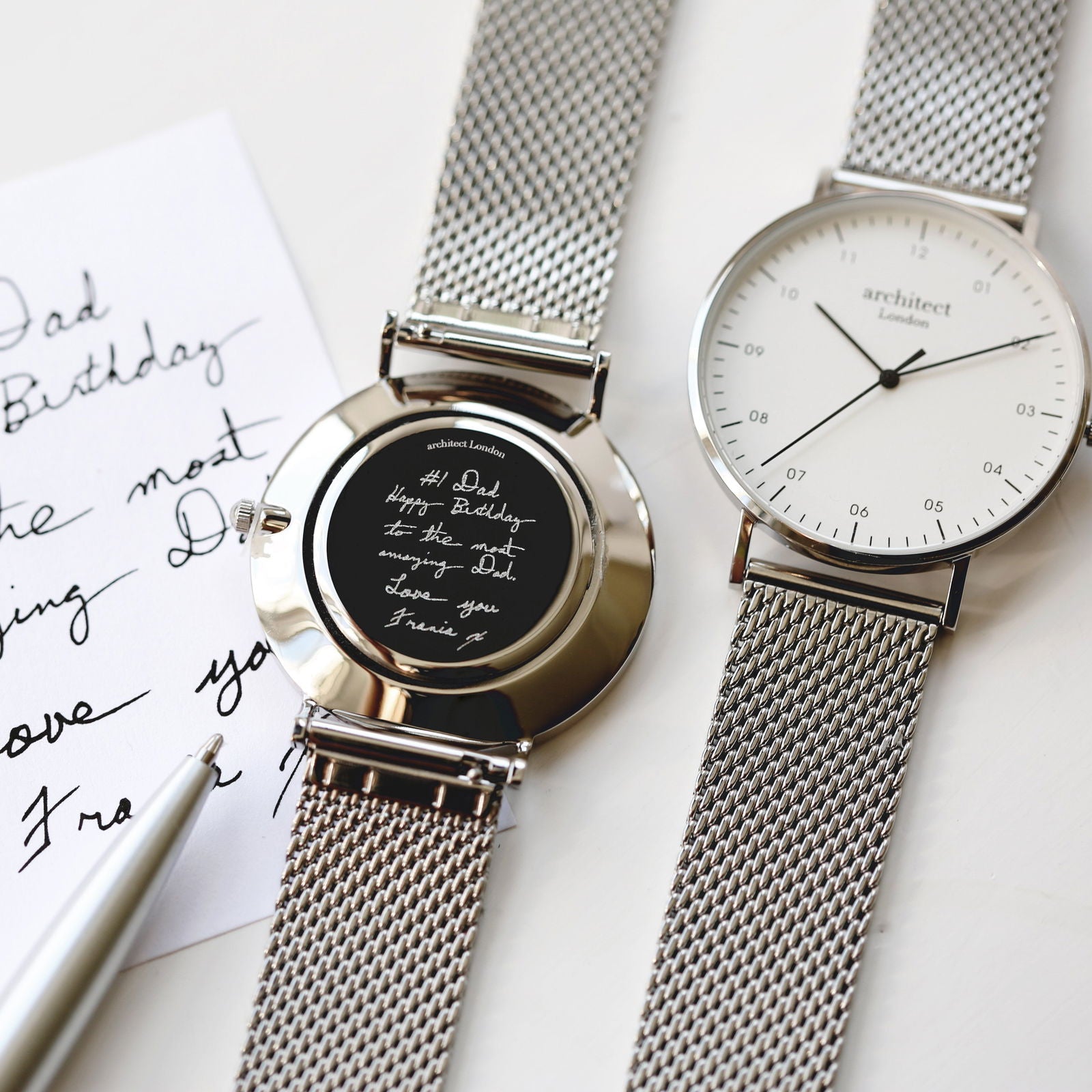 Minimalist Handwriting Engraved Watch – Silver Mesh Strap  Men's Watches Deeply Engraved