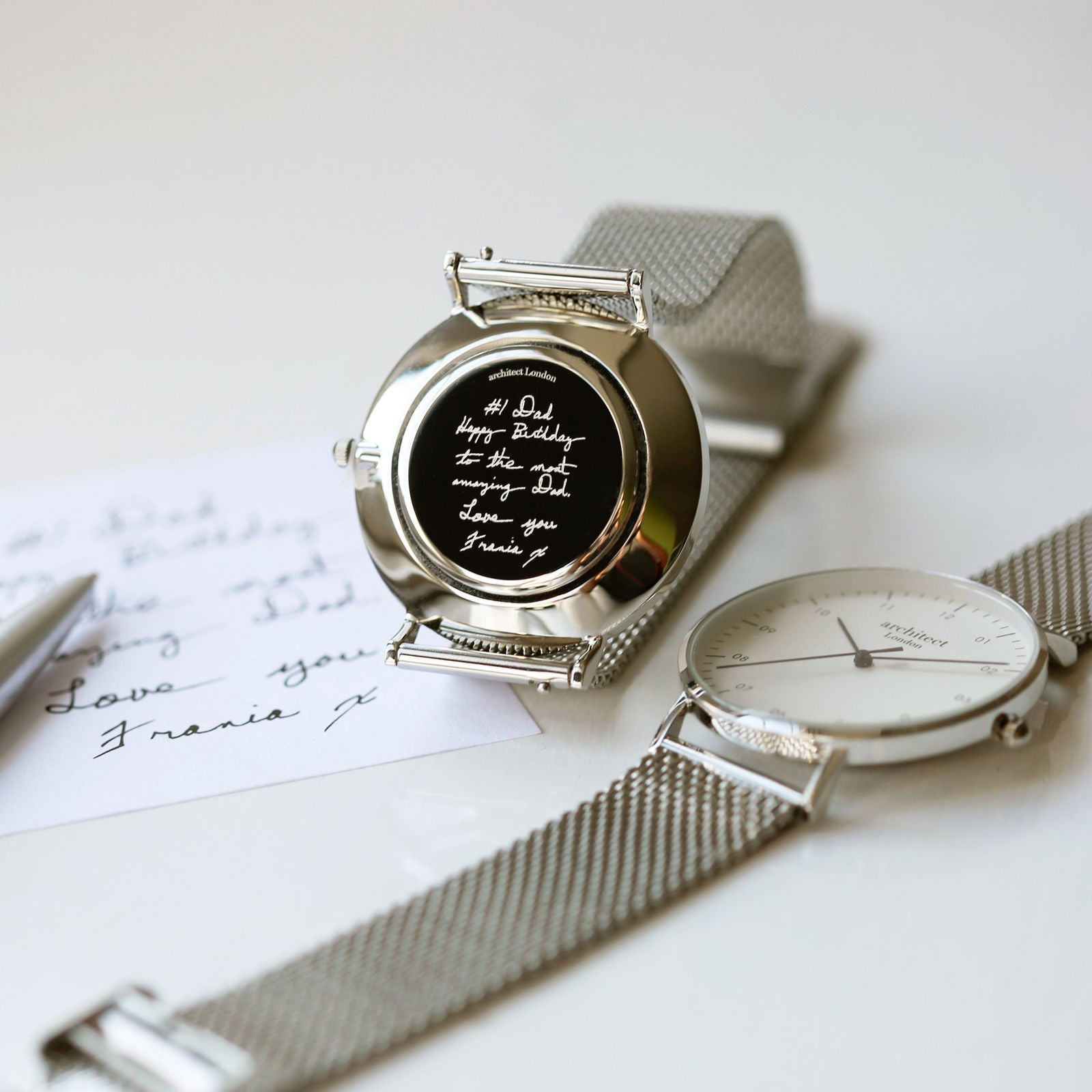 Minimalist Handwriting Engraved Watch – Silver Mesh Strap  Men's Watches Deeply Engraved