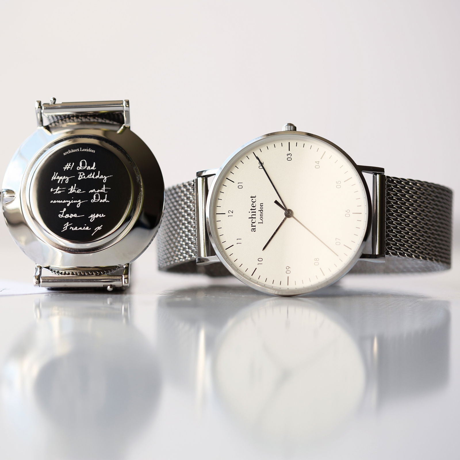 Minimalist Handwriting Engraved Watch – Silver Mesh Strap  Men's Watches Deeply Engraved