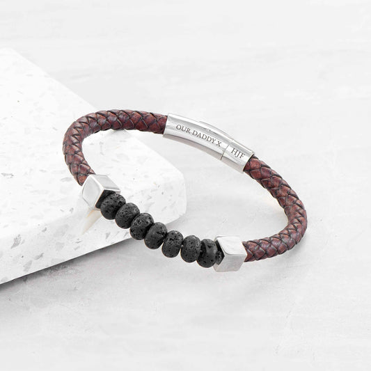 Mirek – Engraved Leather & Bead Bracelet  Men's Bracelets Deeply Engraved
