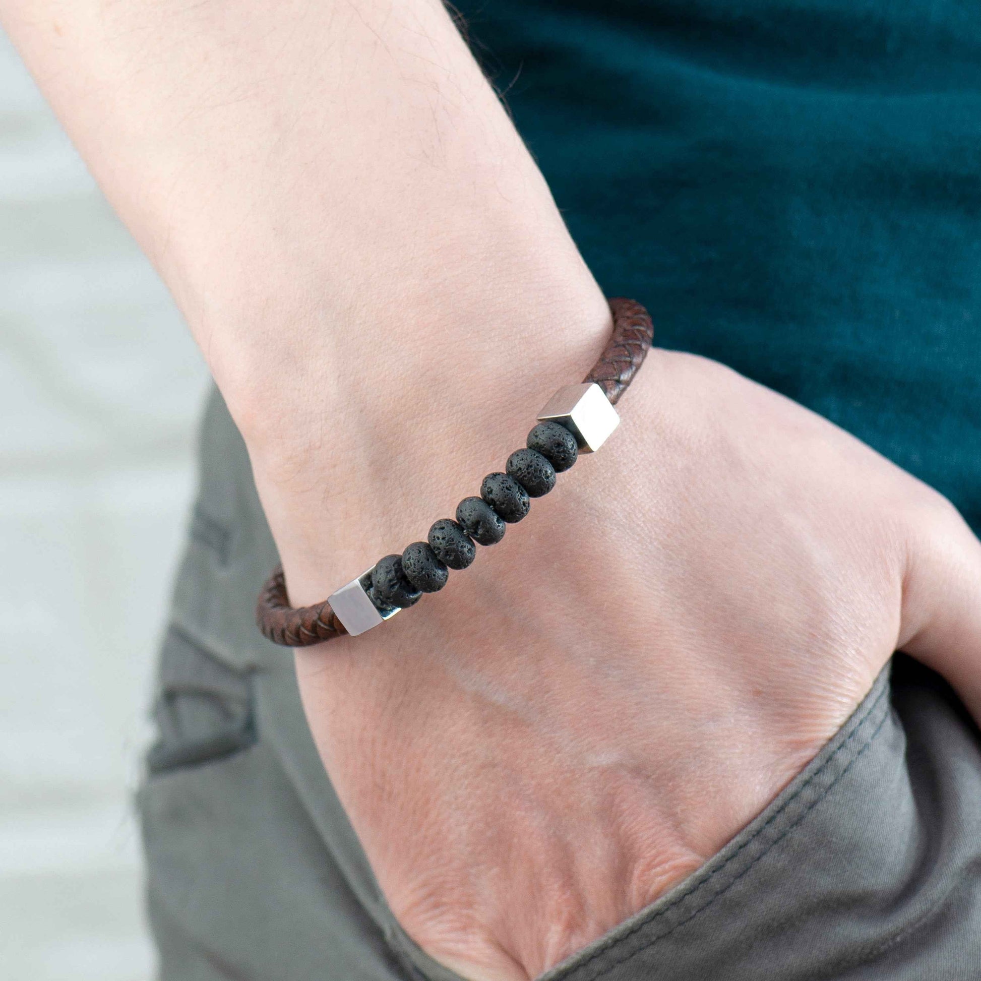 Mirek – Engraved Leather & Bead Bracelet  Men's Bracelets Deeply Engraved