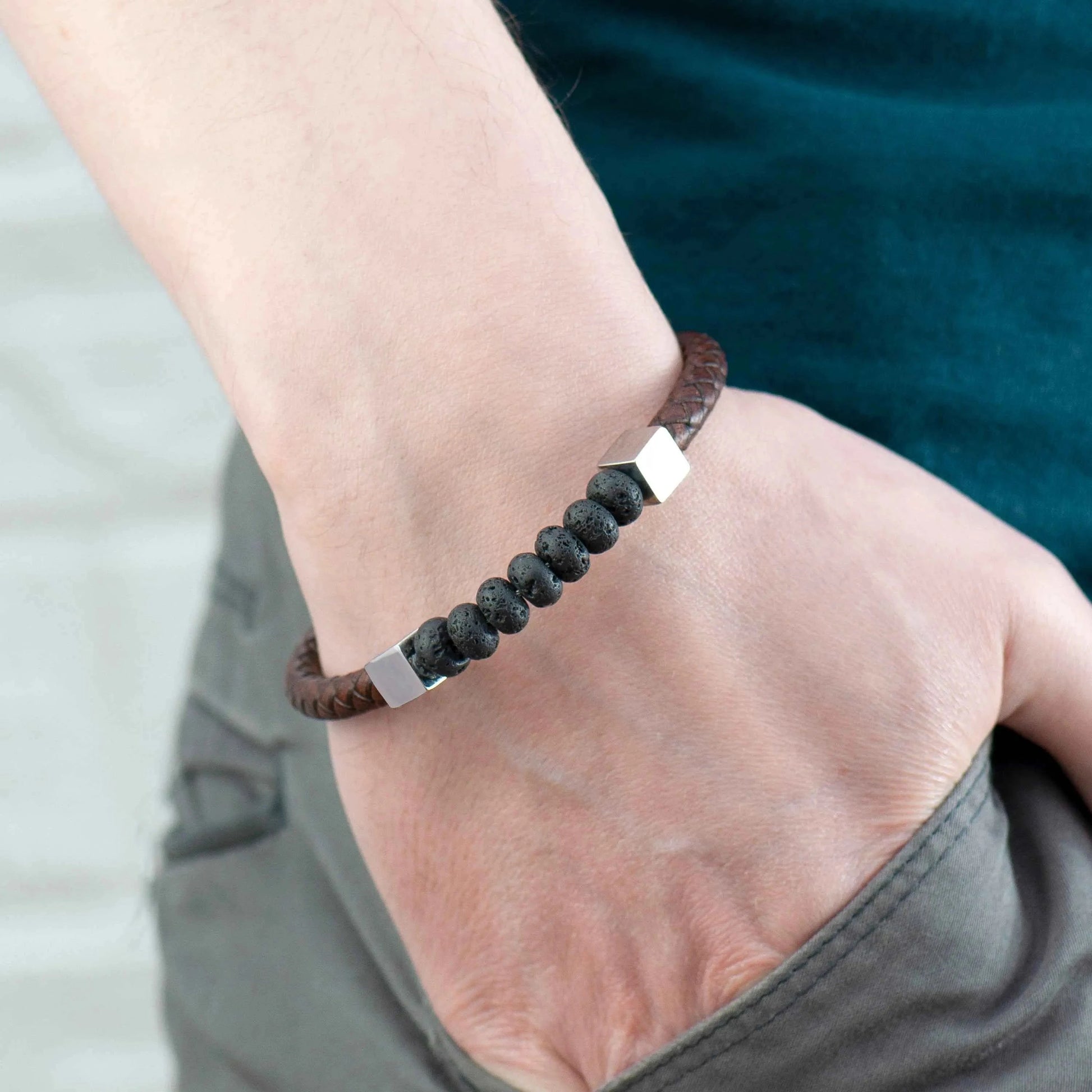 Mirek – Engraved Leather & Bead Bracelet  Men's Bracelets Deeply Engraved