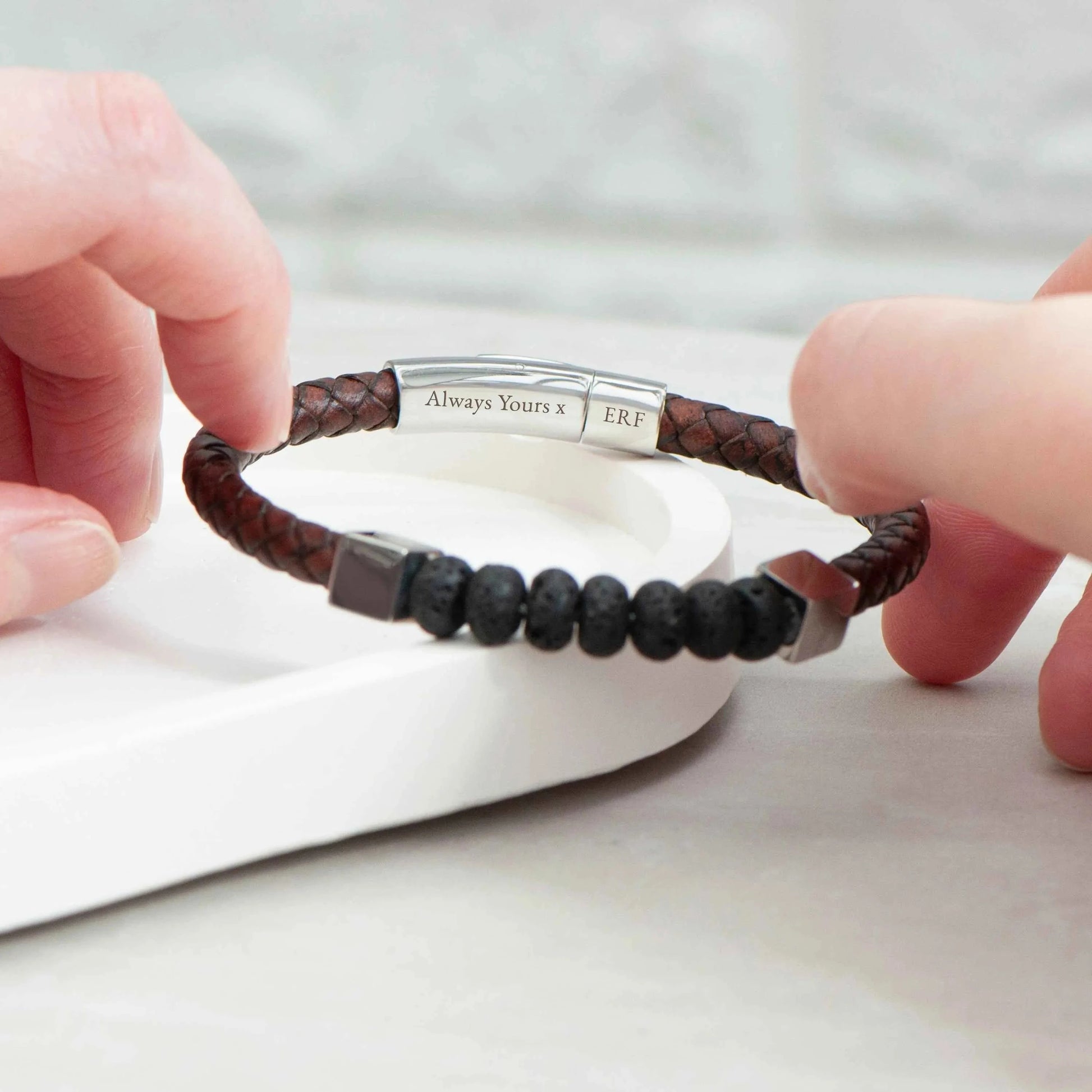 Mirek – Engraved Leather & Bead Bracelet  Men's Bracelets Deeply Engraved