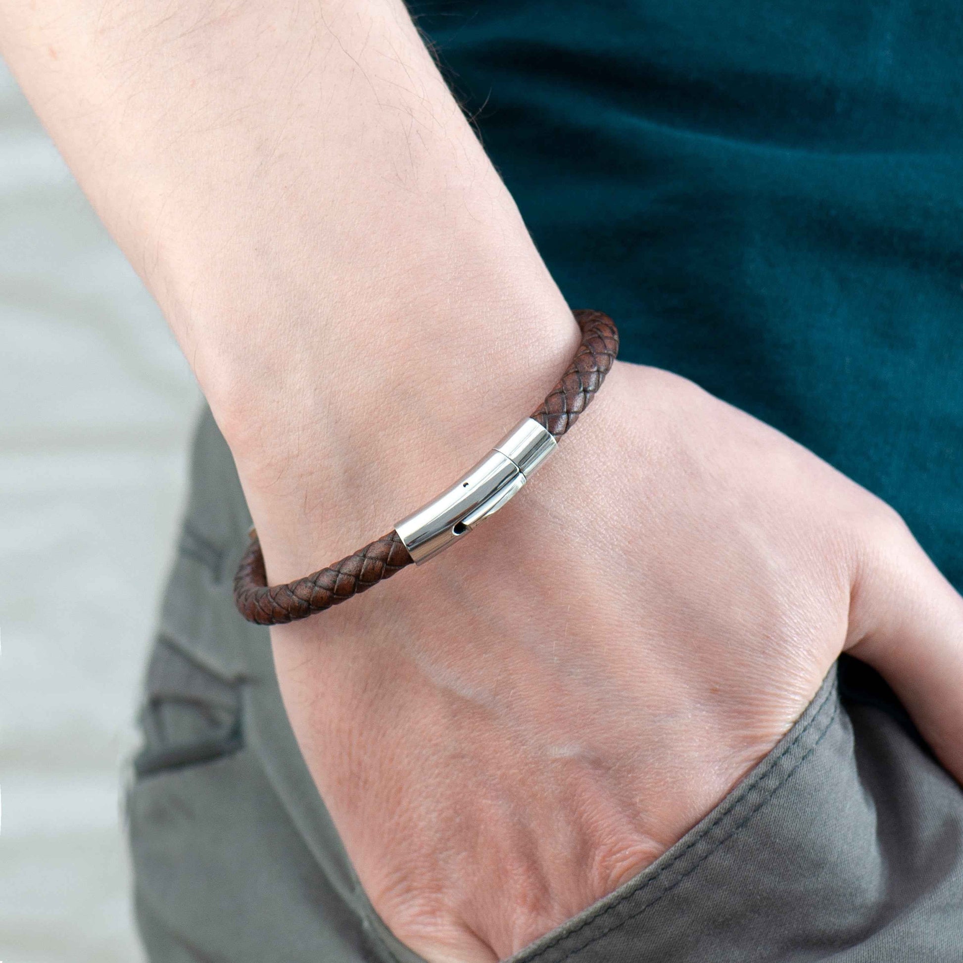 Mirek – Engraved Leather & Bead Bracelet  Men's Bracelets Deeply Engraved