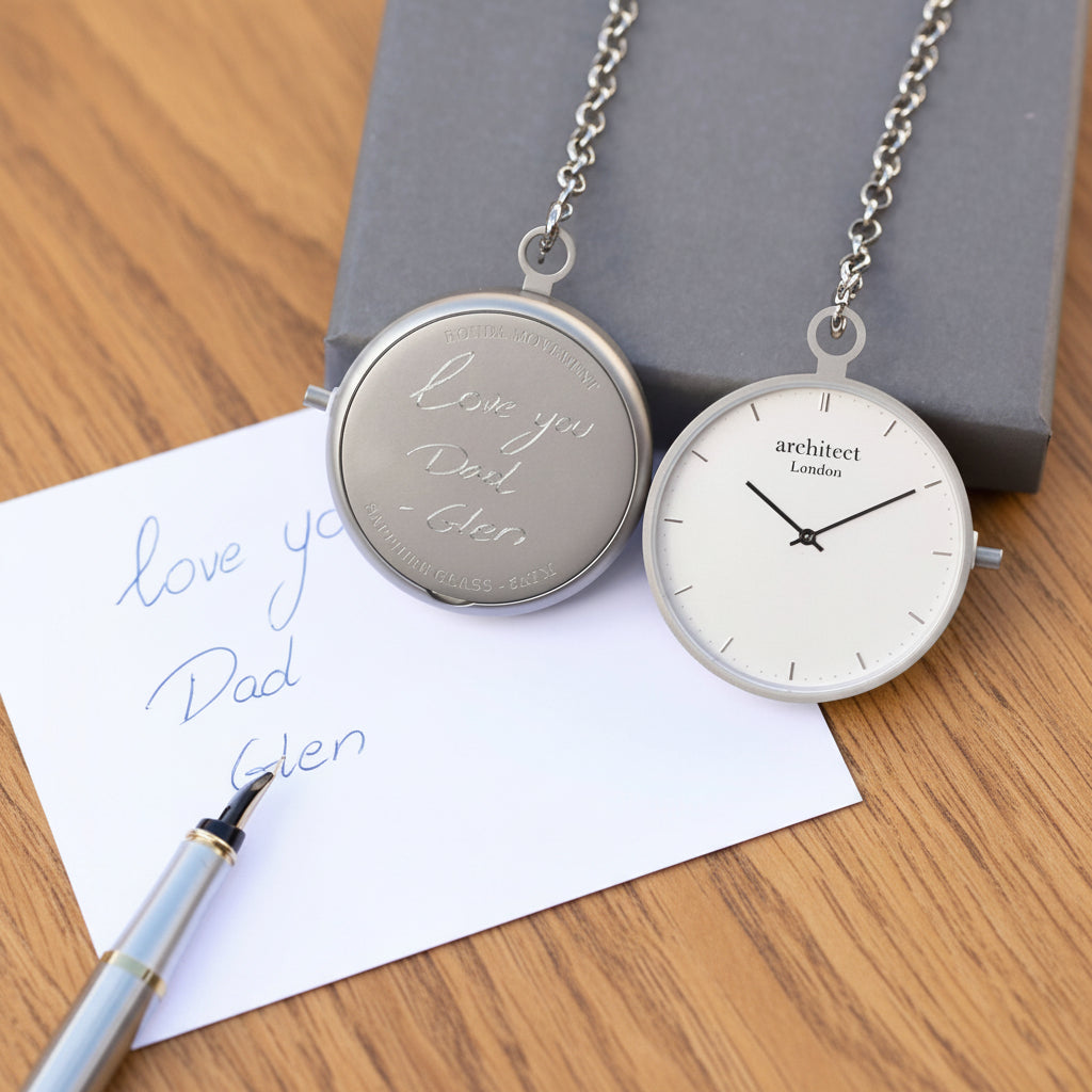 Modern Handwriting Engraved Pocket Watch - Silver  Pocket Watches Deeply Engraved