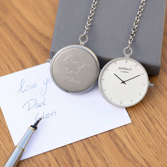 Modern Handwriting Engraved Pocket Watch - Silver  Pocket Watches Deeply Engraved