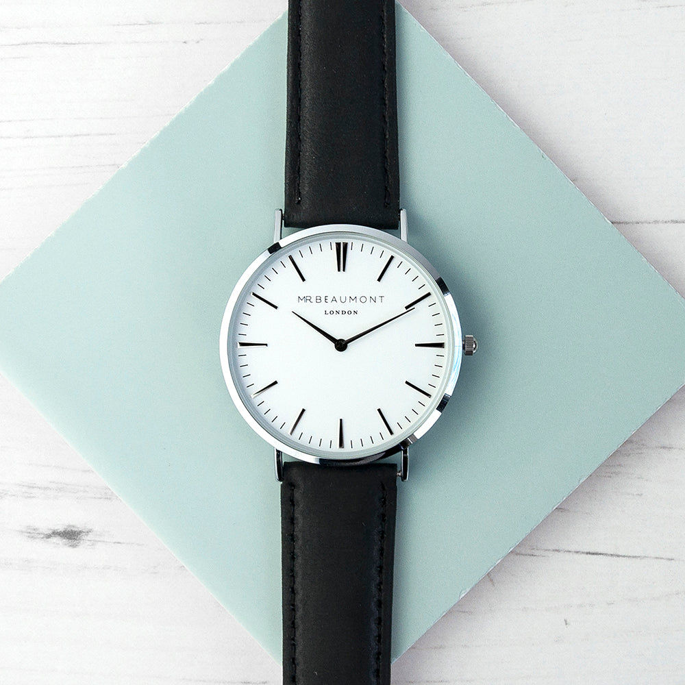 Modern-Vintage Personalized Leather Watch In Black  Men's Watches Deeply Engraved
