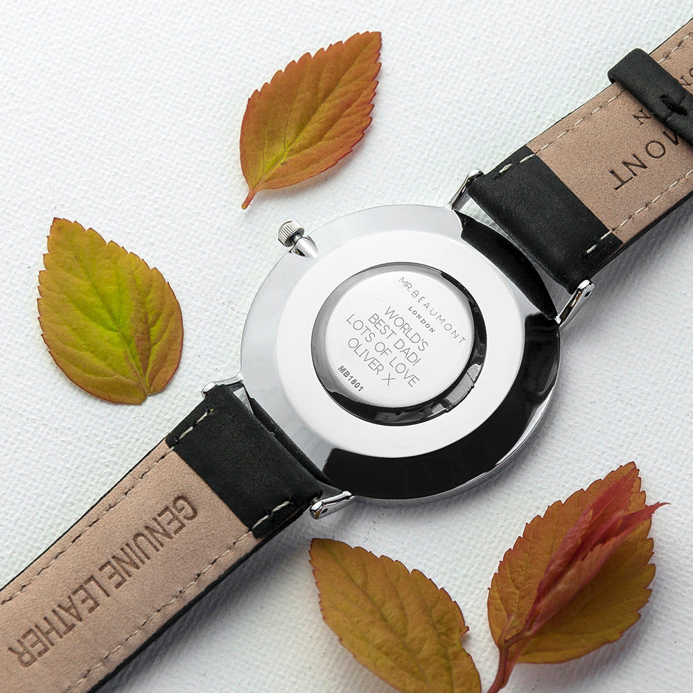 Modern-Vintage Personalized Leather Watch In Black  Men's Watches Deeply Engraved