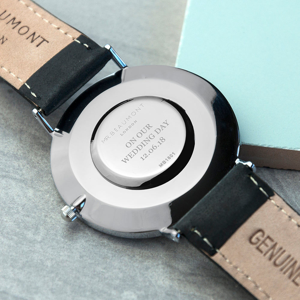Modern-Vintage Personalized Leather Watch In Black  Men's Watches Deeply Engraved