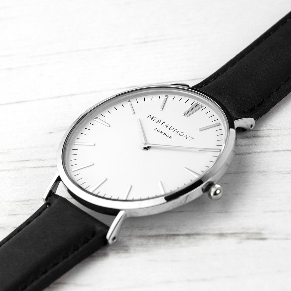 Modern-Vintage Personalized Leather Watch In Black  Men's Watches Deeply Engraved