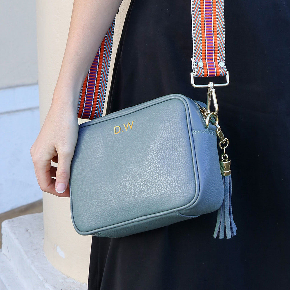 Monogrammed Crossbody Leather Bag - Light Blue  Leather Bags Deeply Engraved