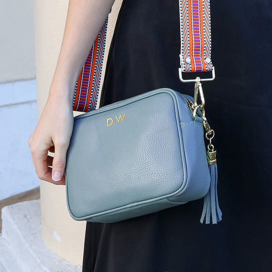 Monogrammed Crossbody Leather Bag - Light Blue  Leather Bags Deeply Engraved