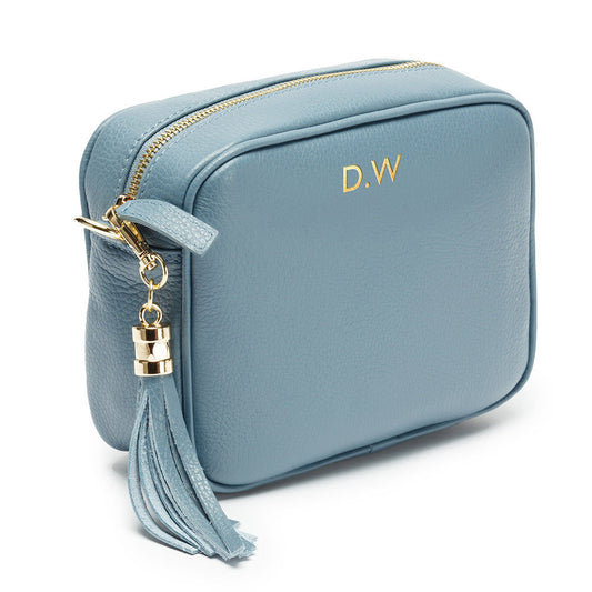 Monogrammed Crossbody Leather Bag - Light Blue  Leather Bags Deeply Engraved