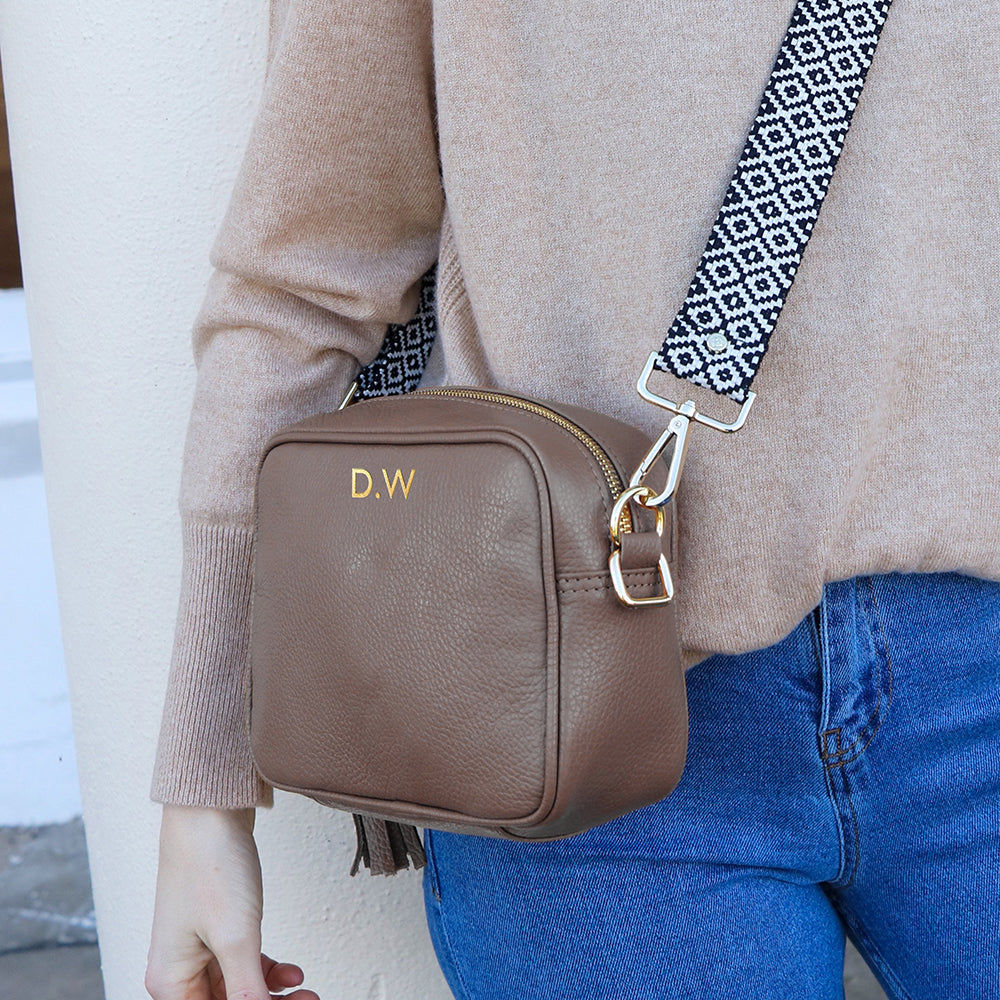 Monogrammed Leather Crossbody Bag in Grey  Leather Bags Deeply Engraved