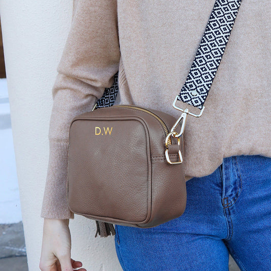 Monogrammed Leather Crossbody Bag in Grey  Leather Bags Deeply Engraved